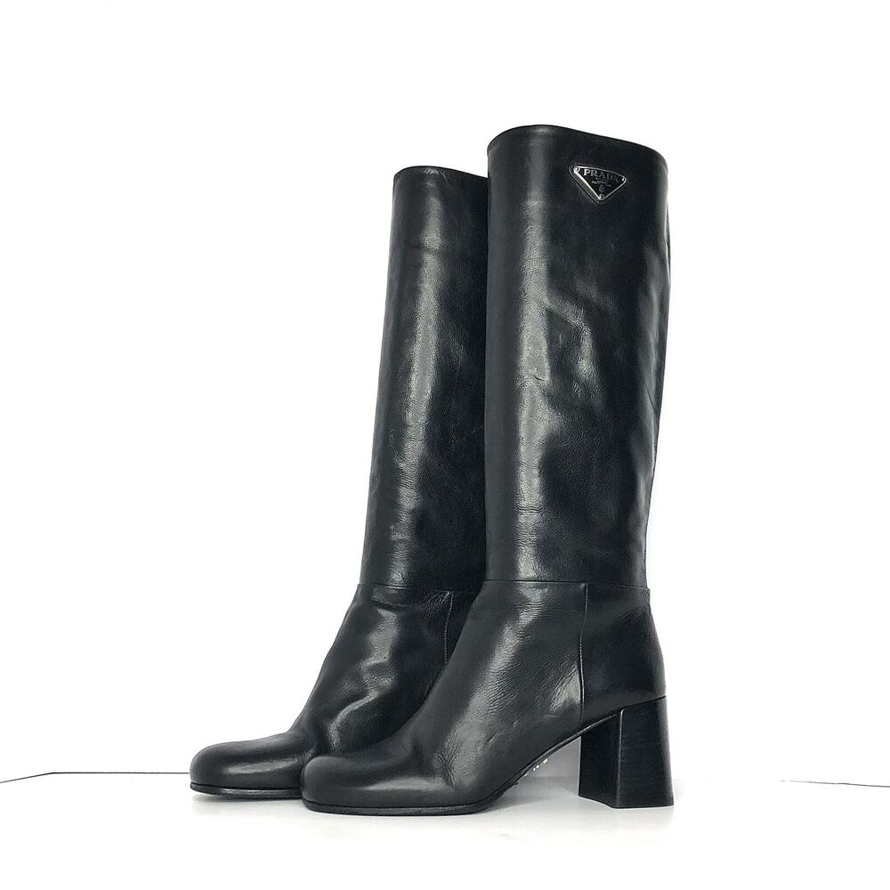 Prada Triangle Logo Plaque Knee High Pull On Block Heel Leather Boots 38